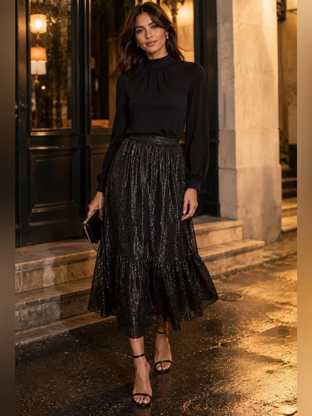 Modcloth Shimmering Rainfall Metallic Midi Skirt Tier Aline Black AU 12 US 8 NWT